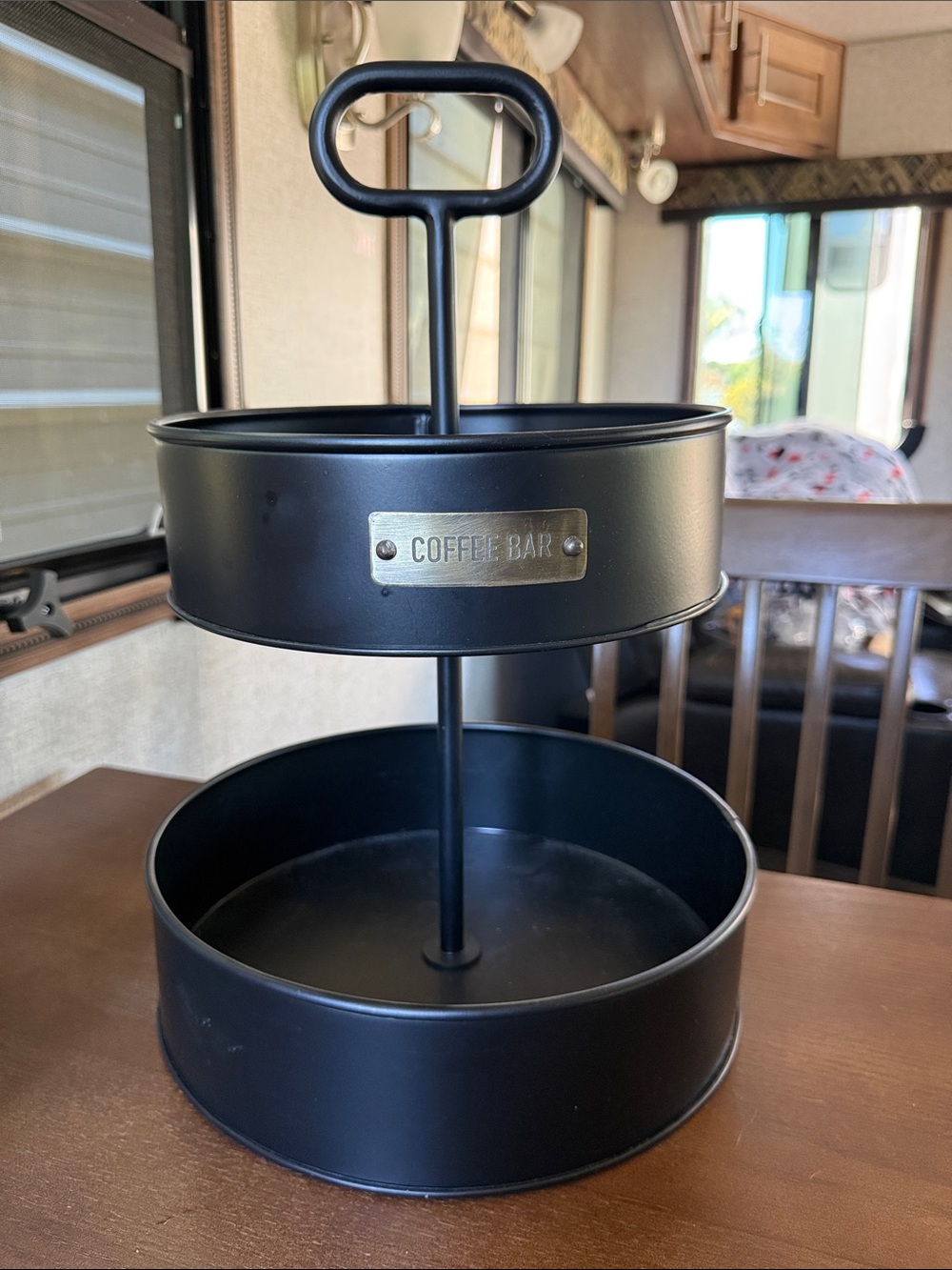 Kirklands Two-Tier Metal Serving Stand - Black with Gold Plaque